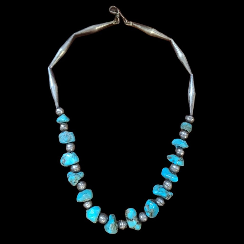 Navajo Sterling Silver Bead & Turquoise Nugget Necklace